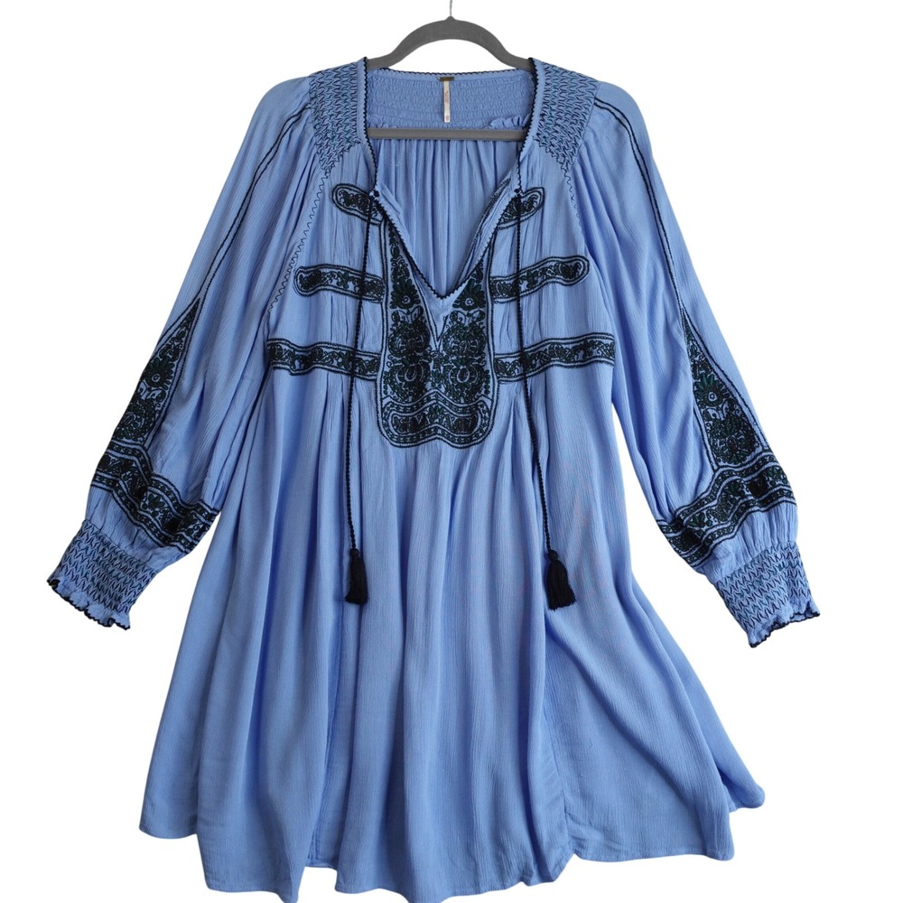 Free People Embroidered Tunic Mini Dress XS Blue Wind Willow Boho Tassel Peasant